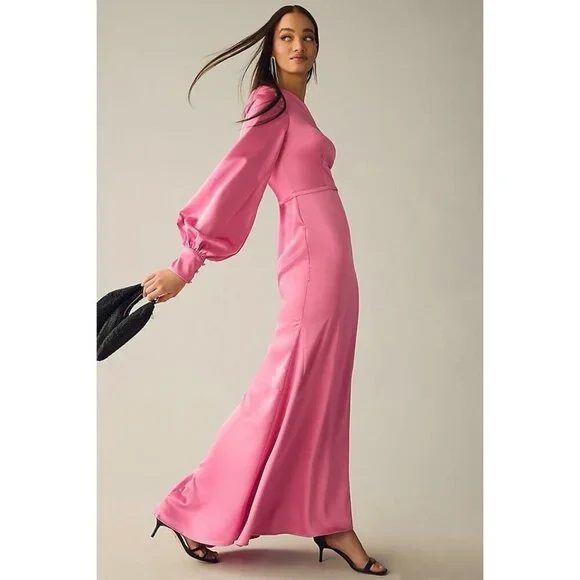 MAC DUGGAL Size 2 Pink 26712 ONE SHOULDER BISHOP SLEEVE SATIN Formal GOWN Dress
